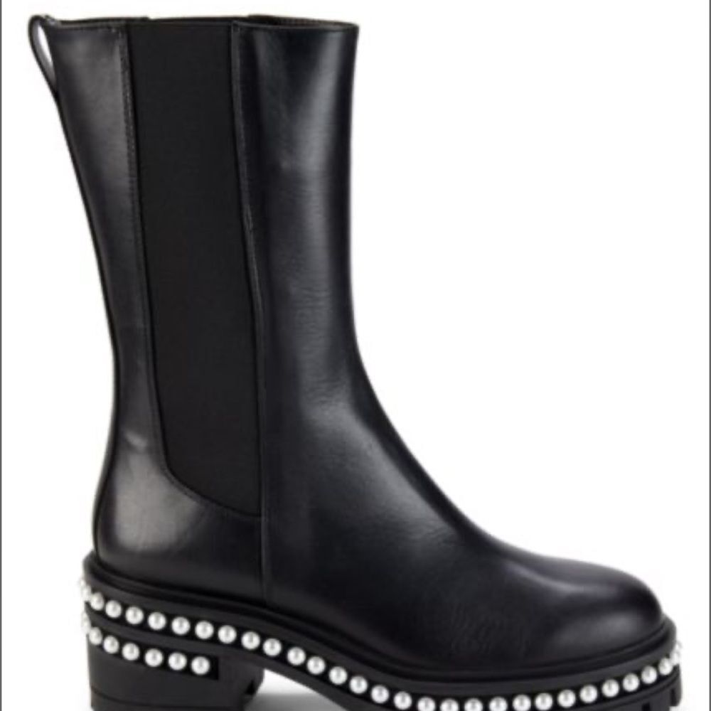 Stuart Weitzman Black Combat Boots with Pearl Detailing